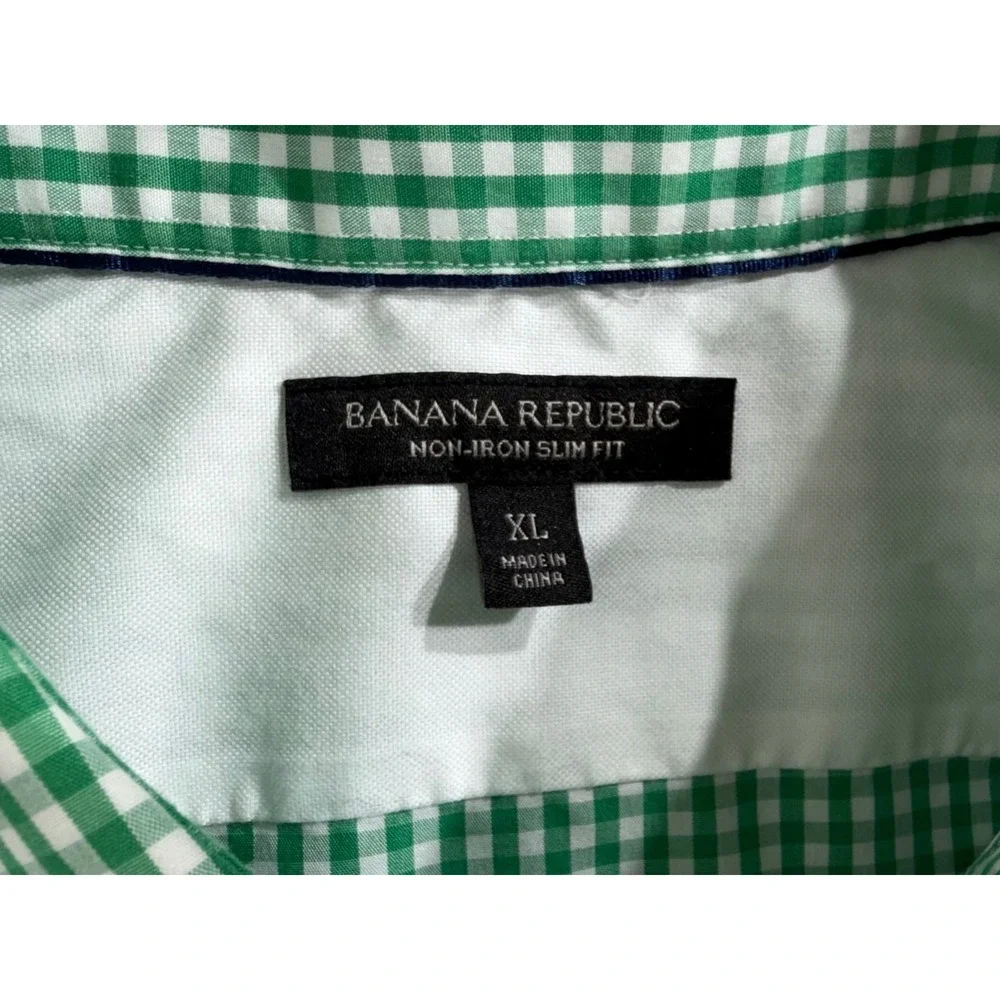 Banana‎ Republic Button Up Shirt Green Gingham Non-Iron Slim Fit Cotton READ